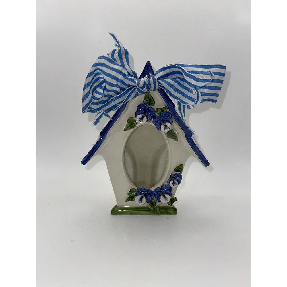 Mud Pie 1998 Ceramic Birdhouse Picture Frame Blue Pansy Floral Striped Bow 6.5